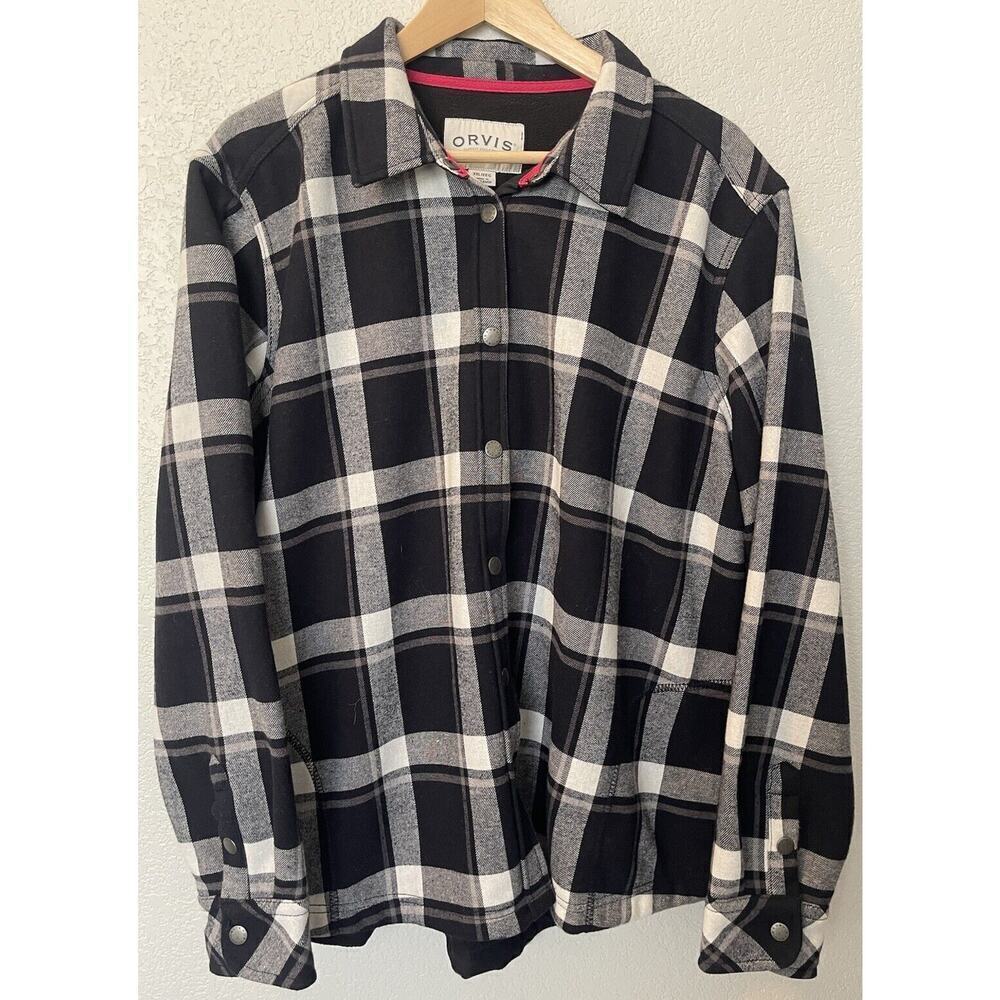 Orvis Womens Pinnacle Fleece Lined Flannel Shirt Jacket Shacket XXL Black White